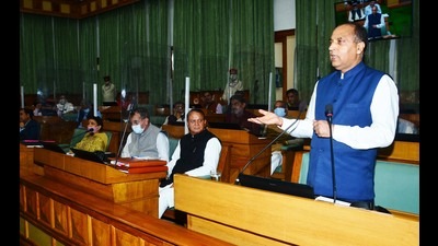 Himachal CM Jai Ram Thakur addressing the assembly on the first day of the monsoon session of Vidhan Sabha in Shimla on Monday. (HT Photo)