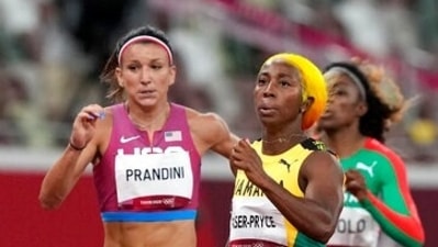 Jenna Prandini, of United States and Shelly-Ann Fraser-Pryce, of Jamaica compete in a women's 200-meter semifinal at the 2020 Summer Olympics, Monday, Aug. 2, 2021, in Tokyo, Japan. (AP Photo/Martin Meissner) (AP) Jenna Prandini, of United States and Shelly-Ann Fraser-Pryce, of Jamaica compete in a women's 200-meter semifinal at the 2020 Summer Olympics, Monday, Aug. 2, 2021, in Tokyo, Japan. (AP Photo/Martin Meissner) (AP)