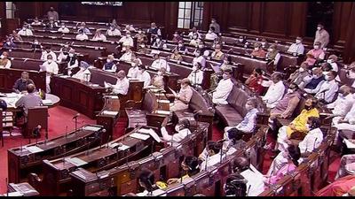 Parliamentarians protest in the Rajya Sabha on Monday. (RSTV/PTI Photo) Parliamentarians protest in the Rajya Sabha on Monday. (RSTV/PTI Photo)