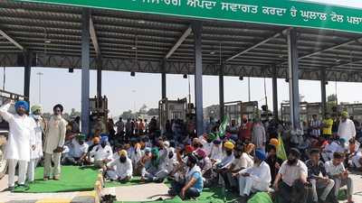 Farmers protesting at a toll plaza in Punjab.