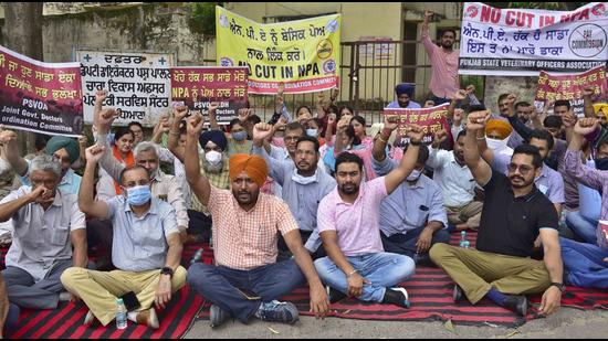 Veterinary officers holding a protest at the office of the deputy director, animal husbandry department, near Zila Parishad building in Ludhiana on Monday. (Gurpreet Singh/HT)