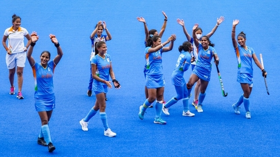 Indian players celebrate their victory against Australia during women's field hockey quarterfinal match at the 2020 Summer Olympics, in Tokyo, Monday, Aug. 2, 2021. (PTI)