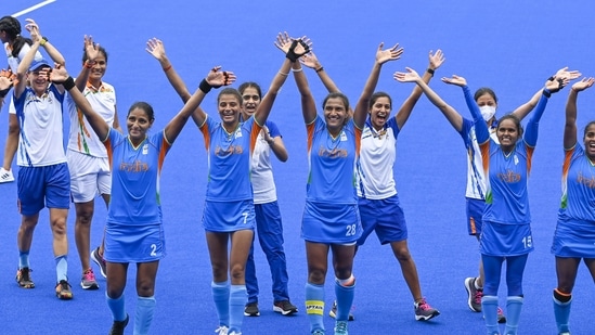 Indian players celebrate their victory against Australia at Tokyo Olympics 2020(PTI)