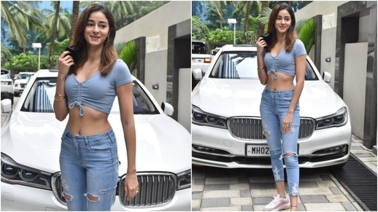 Ananya's half sleeve crop top featured a front tie that cinched the top from the middle. The V neckline, short hem and bodycon silhouette added a chic twist to her glam look.(Varinder Chawla)