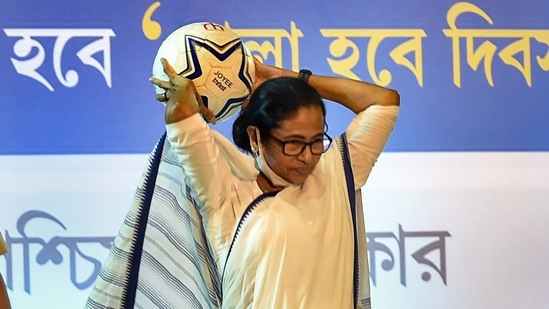 During the event, the TMC chief Mamata Banerjee also said that as many as one lakh footballs would be distributed among the sporting clubs in various districts of West Bengal. (PTI Photo)