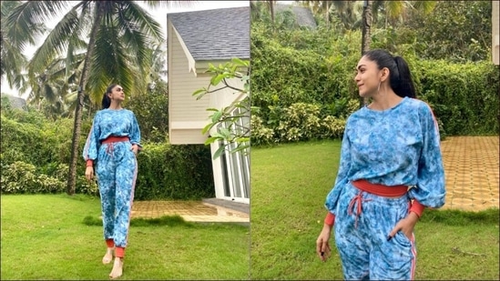 Mrunal Thakur slays hipster off-duty aesthetic in <span class='webrupee'>₹</span>13.6k blue printed trackset(Elevate Promotions)