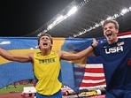 Gold medallist Sweden's Armand Duplantis and silver medallist USA's Christopher Nilsen