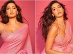 Nora Fatehi in pink sequin saree and bralette will make your heart skip a beat(Instagram/@manekaharisinghani) Nora Fatehi in pink sequin saree and bralette will make your heart skip a beat(Instagram/@manekaharisinghani)