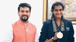 Union Minister for Youth Affairs & Sports Anurag Thakur with Bronze medalist in Tokyo Olympics, shuttler PV Sindhu(PTI) Union Minister for Youth Affairs & Sports Anurag Thakur with Bronze medalist in Tokyo Olympics, shuttler PV Sindhu(PTI)