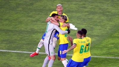 Tokyo Olympics: Reinier of Brazil celebrates scoring the winning penalty during a penalty shootout with teammates (REUTERS)