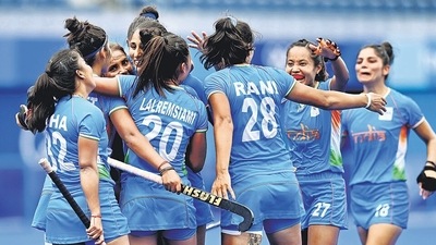 Indian Women's Hockey team celebrate during India vs Australia match, at Tokyo Olympics 2020, in Tokyo on Monday. (HT_PRINT)