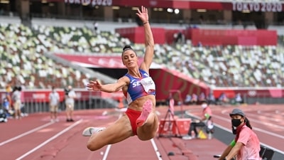 Serbia's Ivana Spanovic competes in the women's long jump final during the 2020 Olympic Games at the Olympic Stadium in Tokyo on August 3. In an enthralling women's long jump final, Mihambo of Germany added Olympic gold to her world championship title with a final leap of 7.00 metres, as American Brittney Reese took the silver ahead of bronze medallist Ese Brume of Nigeria. (Andrej Isakovic / AFP) Serbia's Ivana Spanovic competes in the women's long jump final during the 2020 Olympic Games at the Olympic Stadium in Tokyo on August 3. In an enthralling women's long jump final, Mihambo of Germany added Olympic gold to her world championship title with a final leap of 7.00 metres, as American Brittney Reese took the silver ahead of bronze medallist Ese Brume of Nigeria. (Andrej Isakovic / AFP)
