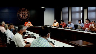 Chief minister Yogi Adityanath during the Covid-19 review meet in Lucknow on Tuesday. (HT Photo)