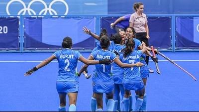 Indian players celebrate their victory against Australia during the women's field hockey quarterfinal match at the 2020 Summer Olympics, in Tokyo, Monday. (PTI) Indian players celebrate their victory against Australia during the women's field hockey quarterfinal match at the 2020 Summer Olympics, in Tokyo, Monday. (PTI)