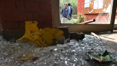 Shards of glass in the premises of Sabarmati Hostel, at Jawaharlal Nehru University following the January 2020 attack by a mob wearing masks. (HT Photo/File) Shards of glass in the premises of Sabarmati Hostel, at Jawaharlal Nehru University following the January 2020 attack by a mob wearing masks. (HT Photo/File)