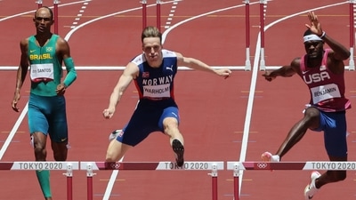Norway's Karsten Warholm (C) USA's Rai Benjamin (2R) and Brazil's Alison Dos Santos (L) compete in the men's 400m hurdles final during the Tokyo 2020 Olympic Games (AFP) Norway's Karsten Warholm (C) USA's Rai Benjamin (2R) and Brazil's Alison Dos Santos (L) compete in the men's 400m hurdles final during the Tokyo 2020 Olympic Games (AFP)
