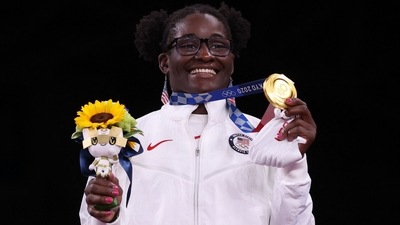Gold medalist USA's Tamyra Marianna Stock Mensah poses with her medal after the women's freestyle 68kg wrestling competition of the Tokyo 2020 Olympic Games (AFP) Gold medalist USA's Tamyra Marianna Stock Mensah poses with her medal after the women's freestyle 68kg wrestling competition of the Tokyo 2020 Olympic Games (AFP)