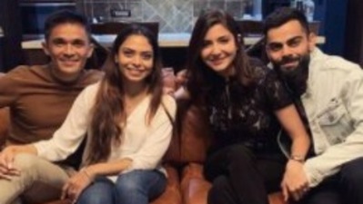 Anushka Sharma and Virat Kohli with Sunil Chhetri and his wife Sonam Bhattacharya.