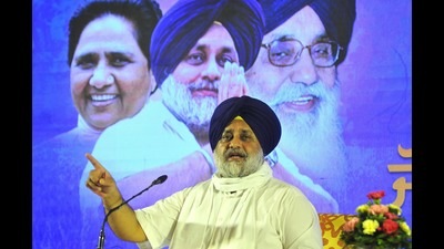 Shiromani Akali Dal president Sukhbir Singh Badal addressing the media in Chandigarh on Tuesday. (Keshav Singh/HT)