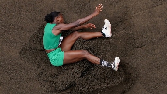 Ese Brume of Nigeria in action during the Women's Long Jump Final at Olympic Stadium in Tokyo on August 3. Brume, who led after the first round and was in top spot again after the fourth, finished on 6.97-meters and took bronze on a countback.(Fabrizio Bensch / REUTERS)