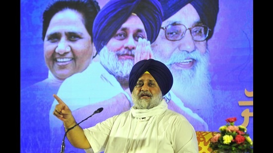 Shiromani Akali Dal president Sukhbir Singh Badal addressing the media in Chandigarh on Tuesday. (Keshav Singh/HT)
