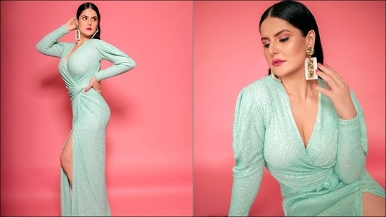 Zareen Khan looks like a summer dream in seafoam green thigh-slit wrap gown(Instagram/zareenkhan)