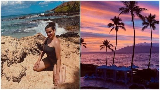 Trishala Dutt posing in the sand.