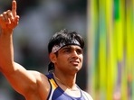 Tokyo 2020 Olympics: Neeraj Chopra of India reacts.
