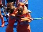 Tokyo 2020 Olympics - Hockey - Women - Semifinal - Netherlands v Britain - Oi Hockey Stadium, Tokyo, Japan - August 4, 2021. Players of the Netherlands celebrate after winning their match.