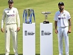 England Skipper Joe Root along with India's Skipper Virat Kohli pose with the trophy ahead of 1st first test match between India and England, at Trent Bridge in Nottingham on Tuesday. (ANI Photo) England Skipper Joe Root along with India's Skipper Virat Kohli pose with the trophy ahead of 1st first test match between India and England, at Trent Bridge in Nottingham on Tuesday. (ANI Photo)
