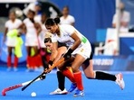Indian and Argentina players during their women's field hockey semifinal match