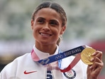 Sydney McLaughlin of USA with her gold medal. 