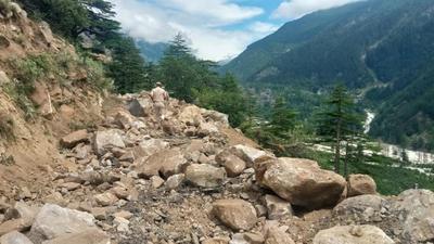 A view of a landslide site at Batseri in Kinnaur on Sunday. (HT PHOTO)