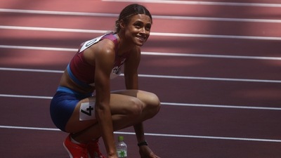 Tokyo 2020 Olympics: Sydney McLaughlin reacts after winning gold and setting a new world record. (REUTERS)