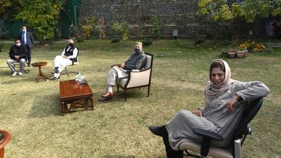 National Conference President and MP Farooq Abdullah, former CM Omar Abdullah and People’s Conference chairman Sajad Gani Lone at the residence of PDP president and former CM Mehbooba Mufti during a meeting in Srinagar on October 24, 2020. (File photo) National Conference President and MP Farooq Abdullah, former CM Omar Abdullah and People’s Conference chairman Sajad Gani Lone at the residence of PDP president and former CM Mehbooba Mufti during a meeting in Srinagar on October 24, 2020. (File photo)