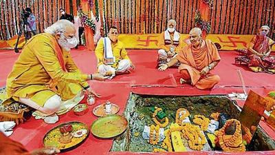 Prime Minister Narendra Modi taking part in bhoomi pujan for the Ram temple in Ayodhya on August 5 last year. (ANI FILE PHOTO)