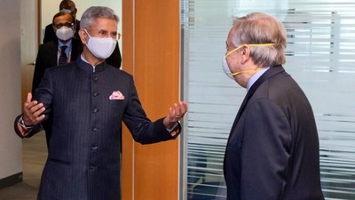 Foreign minister S Jaishankar with US secretary general Antonio Guterres. Foreign minister S Jaishankar with US secretary general Antonio Guterres.