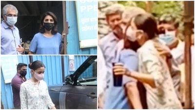 Alia Bhatt was spotted by the paparazzi at Neetu Kapoor's new home in Mumbai. Alia Bhatt was spotted by the paparazzi at Neetu Kapoor's new home in Mumbai.
