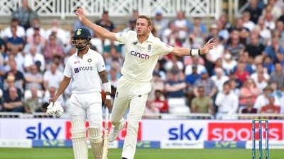 England's Stuart Broad, right, reacts after bowling a delivery (AP) England's Stuart Broad, right, reacts after bowling a delivery (AP)
