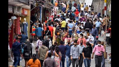 Tourist towns of Shimla (in photo) and Dharamshala were packed to capacity in July when visitors made a beeline to beat the heat in the plains. Many were seen without masks and ignoring social distancing. (Deepak Sansta/HT) Tourist towns of Shimla (in photo) and Dharamshala were packed to capacity in July when visitors made a beeline to beat the heat in the plains. Many were seen without masks and ignoring social distancing. (Deepak Sansta/HT)