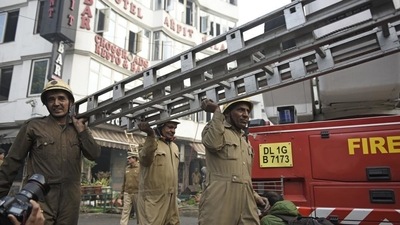 Seven to eight fire tenders were rushed to the spot to douse the blaze. The fire was brought under control by 1.45 pm, they said. (Sanchit Khanna/HT file photo)
