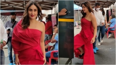Kareena rounded it all off with middle-parted open locks, a bold red lip shade, exaggerated eye make-up, and dewy skin. (Varinder Chawla) Kareena rounded it all off with middle-parted open locks, a bold red lip shade, exaggerated eye make-up, and dewy skin. (Varinder Chawla)
