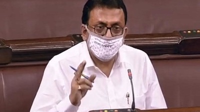 Earlier, on July 23, another Trinamool MP Santanu Sen was suspended for the entire session for unruly misconduct after he snatched a written statement from IT minister Ashwini Vaishnaw and tore it into pieces. (PTI Photo) Earlier, on July 23, another Trinamool MP Santanu Sen was suspended for the entire session for unruly misconduct after he snatched a written statement from IT minister Ashwini Vaishnaw and tore it into pieces. (PTI Photo)