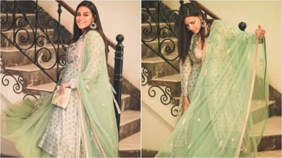 Neha sure knows out to style traditional outfits and this picture says it all. Twirling in a pastel green ethnic wear, Neha made jaws drop with this suit. (Instagram/@nehadhupia) Neha sure knows out to style traditional outfits and this picture says it all. Twirling in a pastel green ethnic wear, Neha made jaws drop with this suit. (Instagram/@nehadhupia)