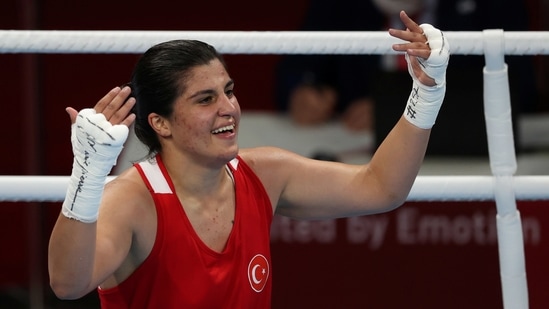 Tokyo 2020 Olympics - Boxing - Women's Welterweight - Semifinal - Kokugikan Arena - Tokyo, Japan - August 4, 2021 - Busenaz Surmeneli of Turkey reacts after winning her fight against Lovlina Borgohain of India REUTERS/Carl Recine(REUTERS)
