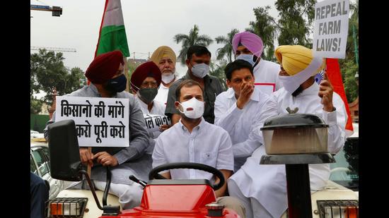 Rahul Gandhi rides a tractor on his way to Parliament. (Source: Twitter) Rahul Gandhi rides a tractor on his way to Parliament. (Source: Twitter)