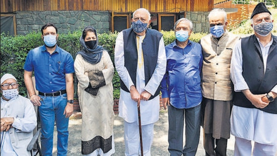 PAGD leaders speak to the media in Srinagar. (HT file photo)