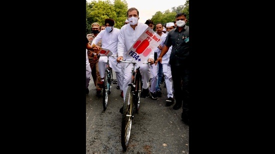 Rahul Gandhi leads MPs on cycles to Parliament. (Source: Twitter) Rahul Gandhi leads MPs on cycles to Parliament. (Source: Twitter)