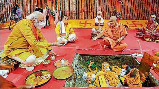 Prime Minister Narendra Modi taking part in bhoomi pujan for the Ram temple in Ayodhya on August 5 last year. (ANI FILE PHOTO)