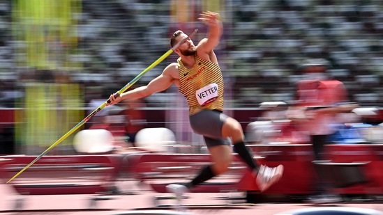 Germany's Johannes Vetter competes in the men's javelin throw qualification during the Tokyo 2020 Olympic Games at the Olympic Stadium in Tokyo on August 4, 2021. (Photo by Ben STANSALL / AFP)(AFP)